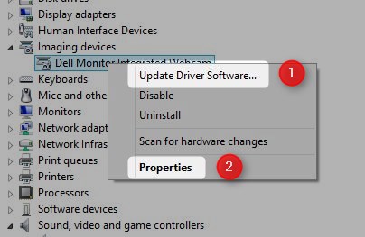 properties menu imaging devices device manager