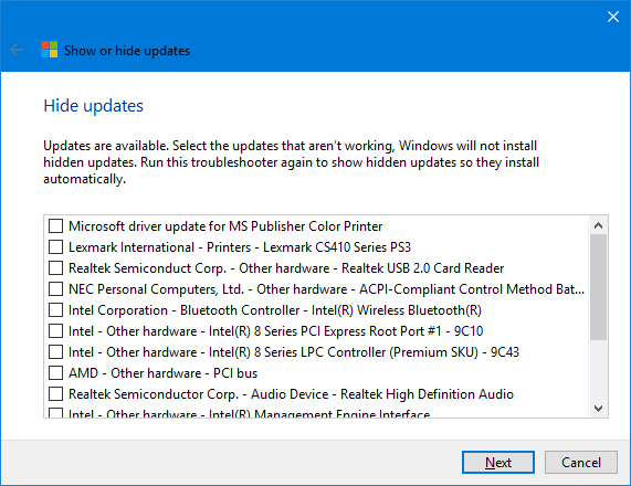 Windows 10 Hide Updates List