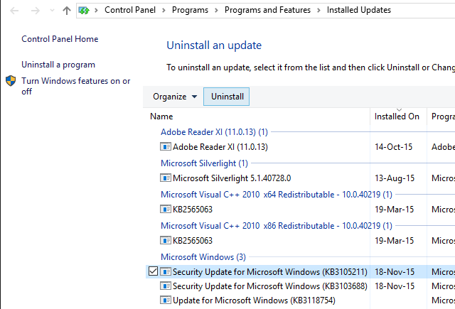 Windows 10 Uninstall Updates