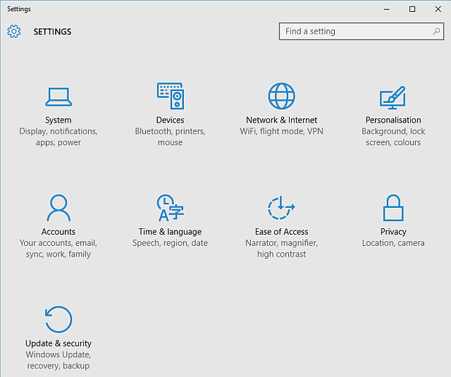 Windows 10 Settings panel