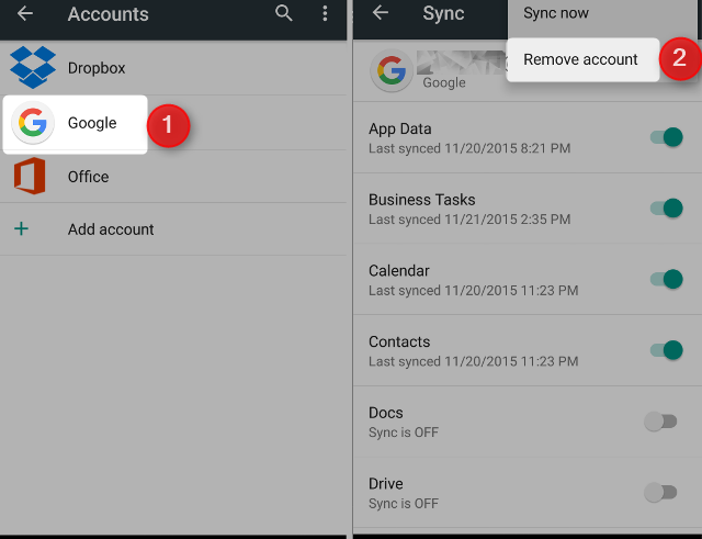 remove google account android