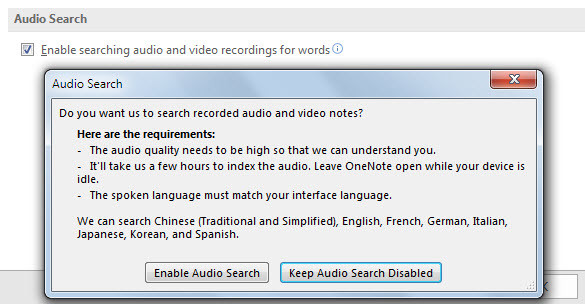 Search Audio in OneNote